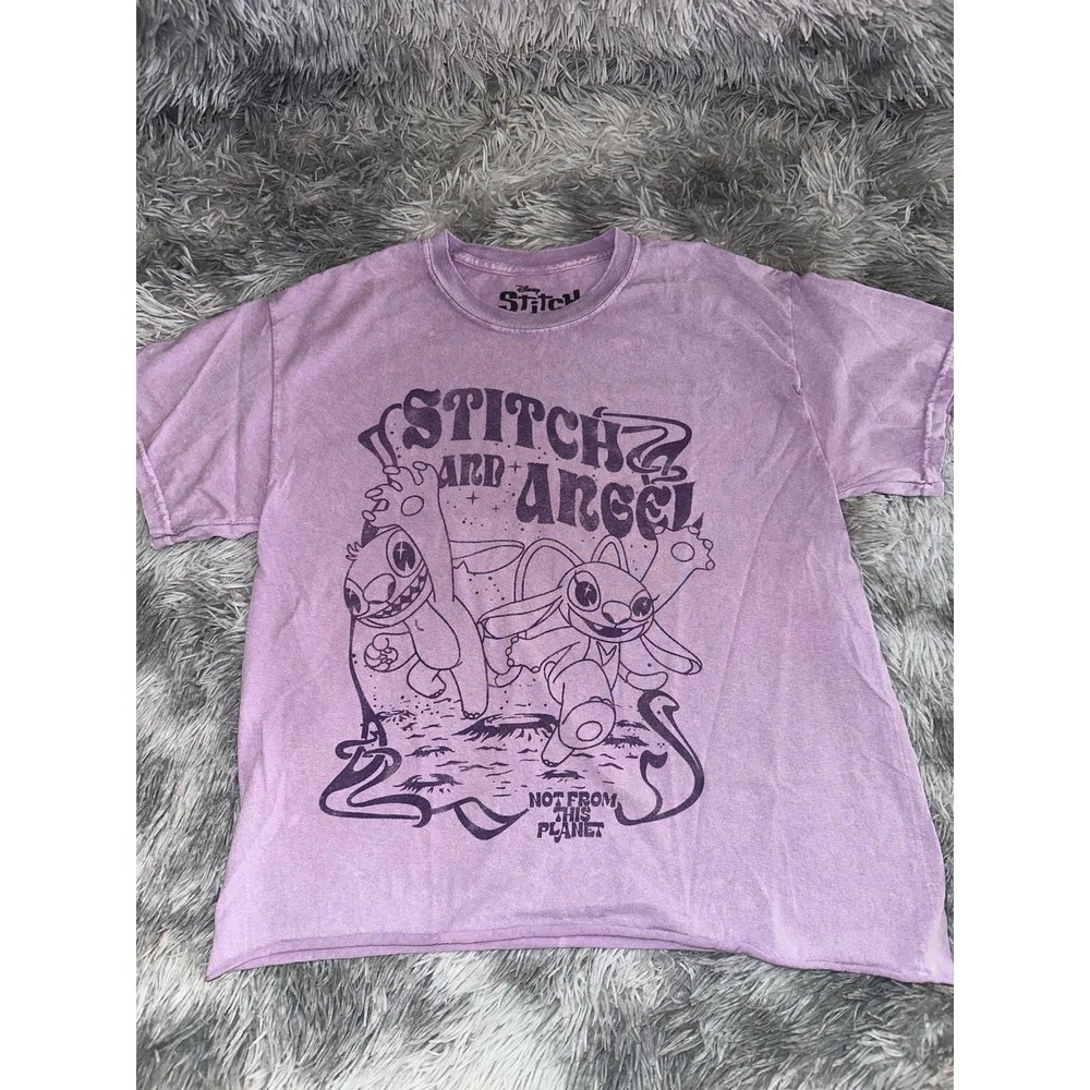 Disney Stitch and Angel Not From This Planet Graphic Tee Purple Acid Wash Medium